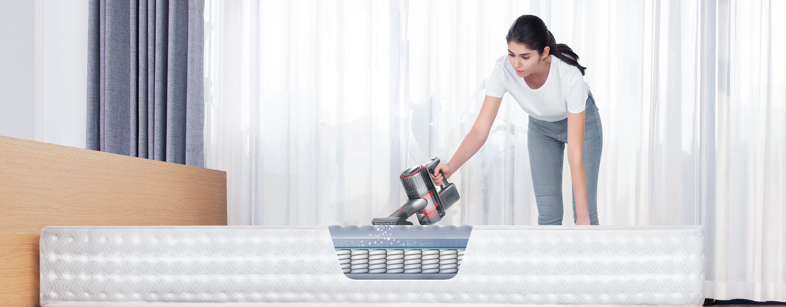 Roborock H6 gir maksimalt 150 AW sug for grundig rengjøring av tepper, senger og bilseter Roborock H6 gir maksimalt 150 AW sug for grundig rengjøring av tepper, senger og bilseter
